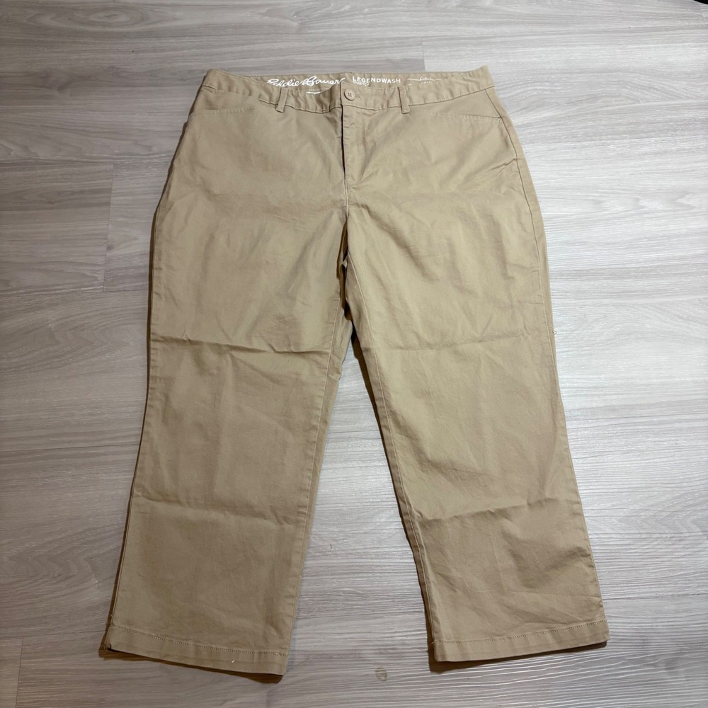 Eddie Bauer Pant Women Legendwash Stretch Khaki Curvy Fit Crop Tan Chinos 16